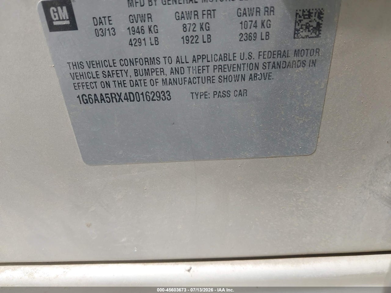 1G6AA5RX4D0****** · 2013 CADILLAC ATS STANDARD · 9/11