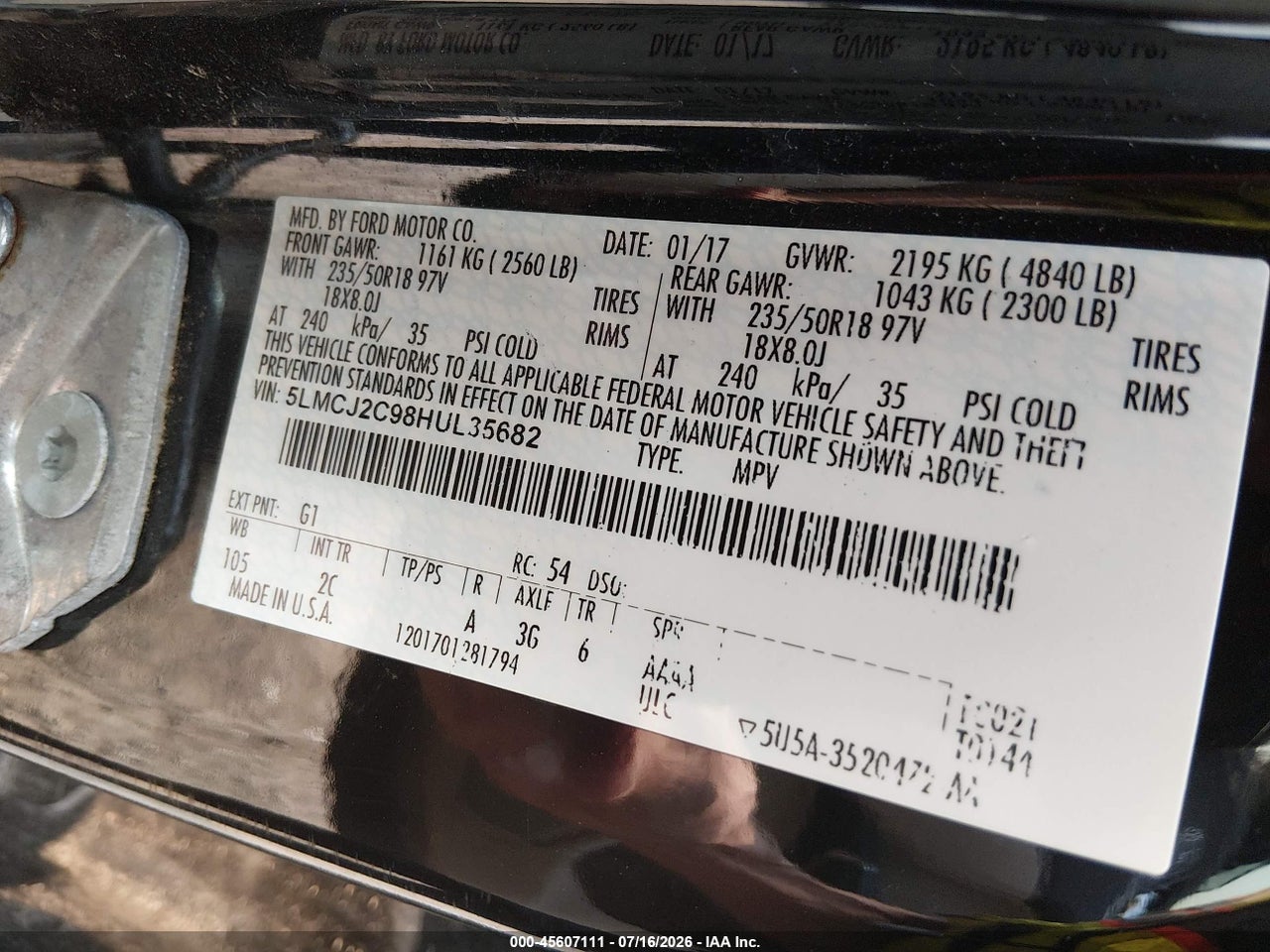 5LMCJ2C98HU****** · 2017 LINCOLN MKC SELECT · 9/11