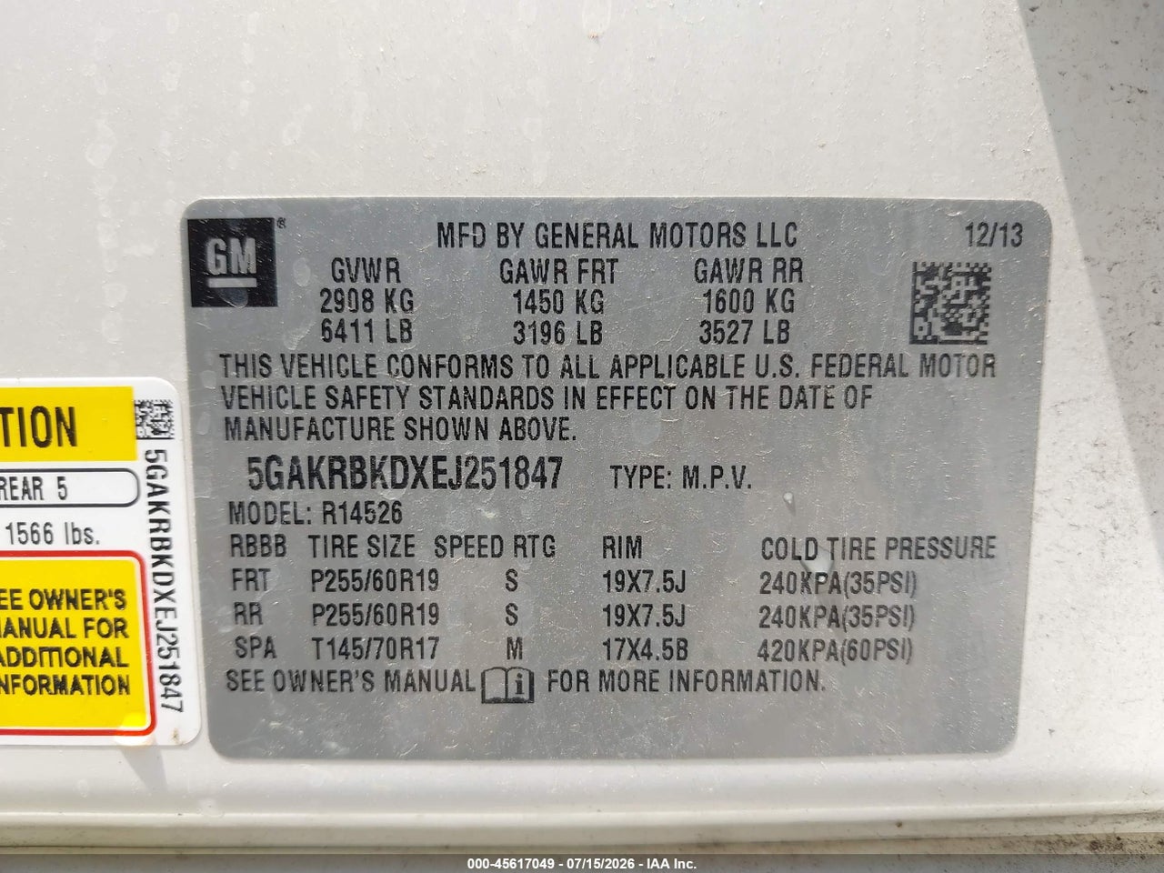 5GAKRBKDXEJ****** · 2014 BUICK ENCLAVE LEATHER · 9/10