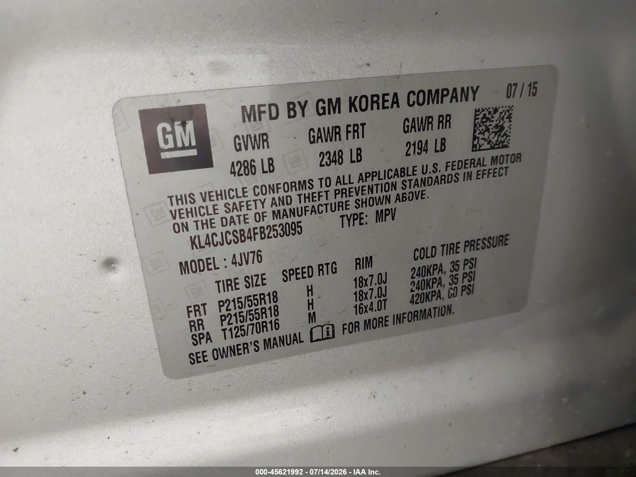 KL4CJCSB4FB****** · 2015 BUICK ENCORE LEATHER · 9/11