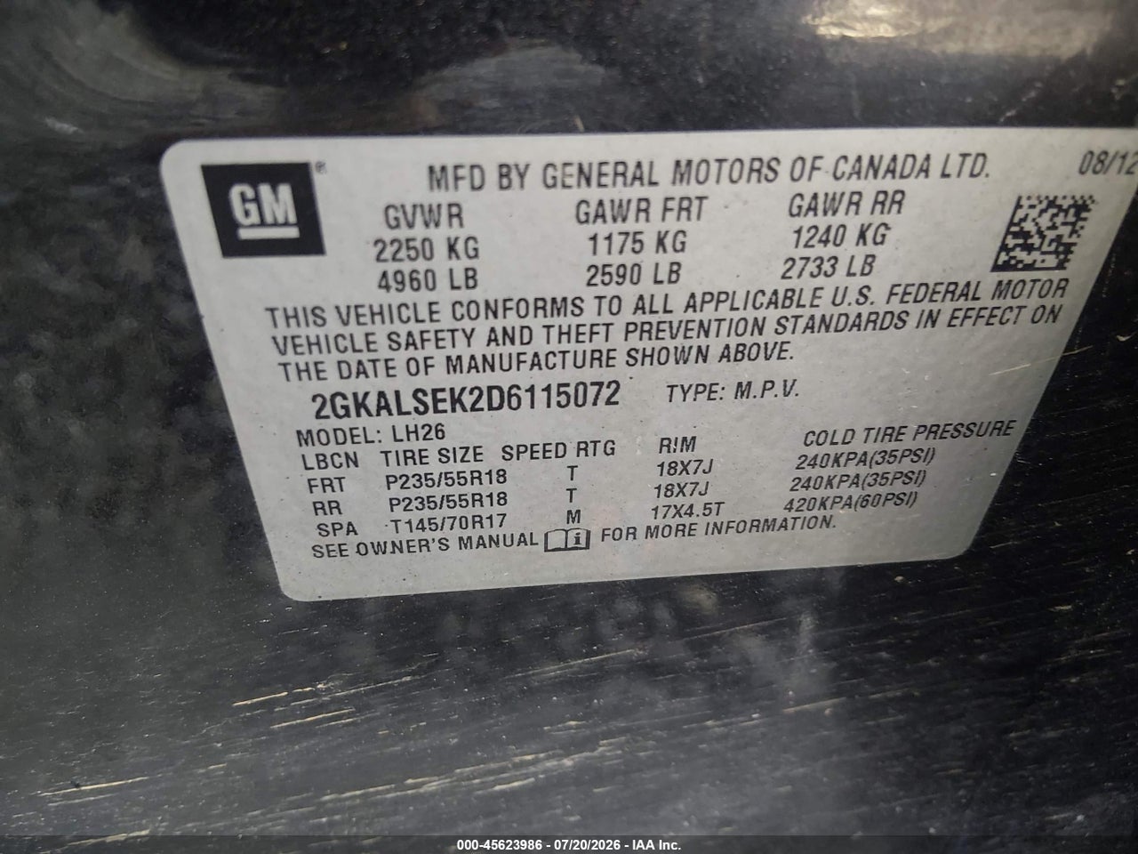 2GKALSEK2D6****** · 2013 GMC TERRAIN SLE-2 · 9/11