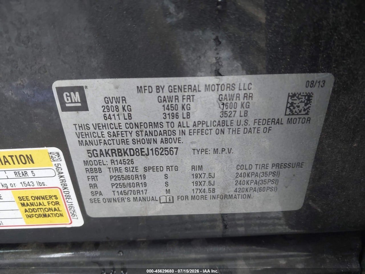 5GAKRBKD8EJ****** · 2014 BUICK ENCLAVE LEATHER · 9/11