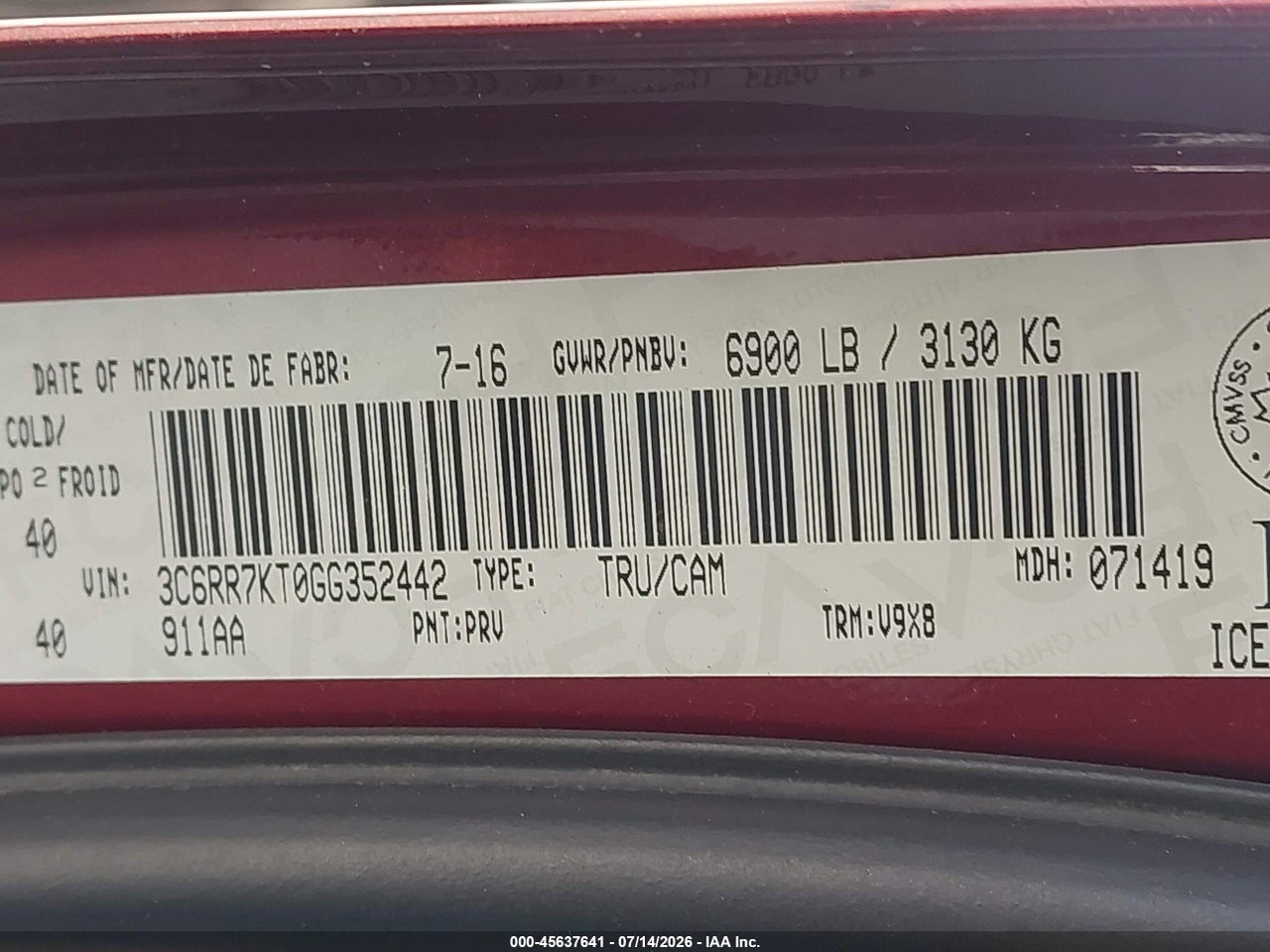 3C6RR7KT0GG****** · 2016 RAM 1500 ST · 9/11