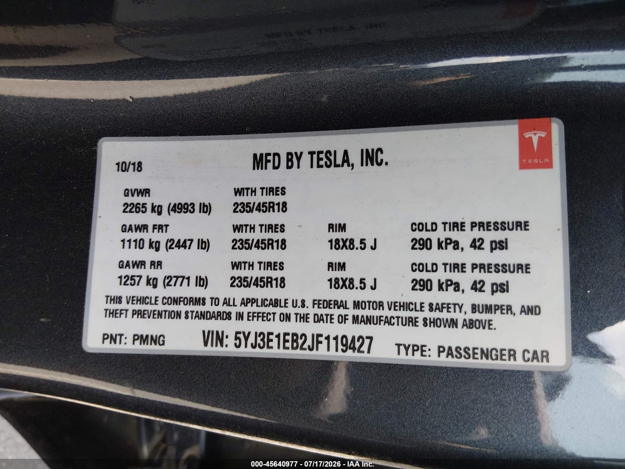 5YJ3E1EB2JF****** · 2018 TESLA MODEL 3 LONG RANGE/PERFORMANCE · 9/11