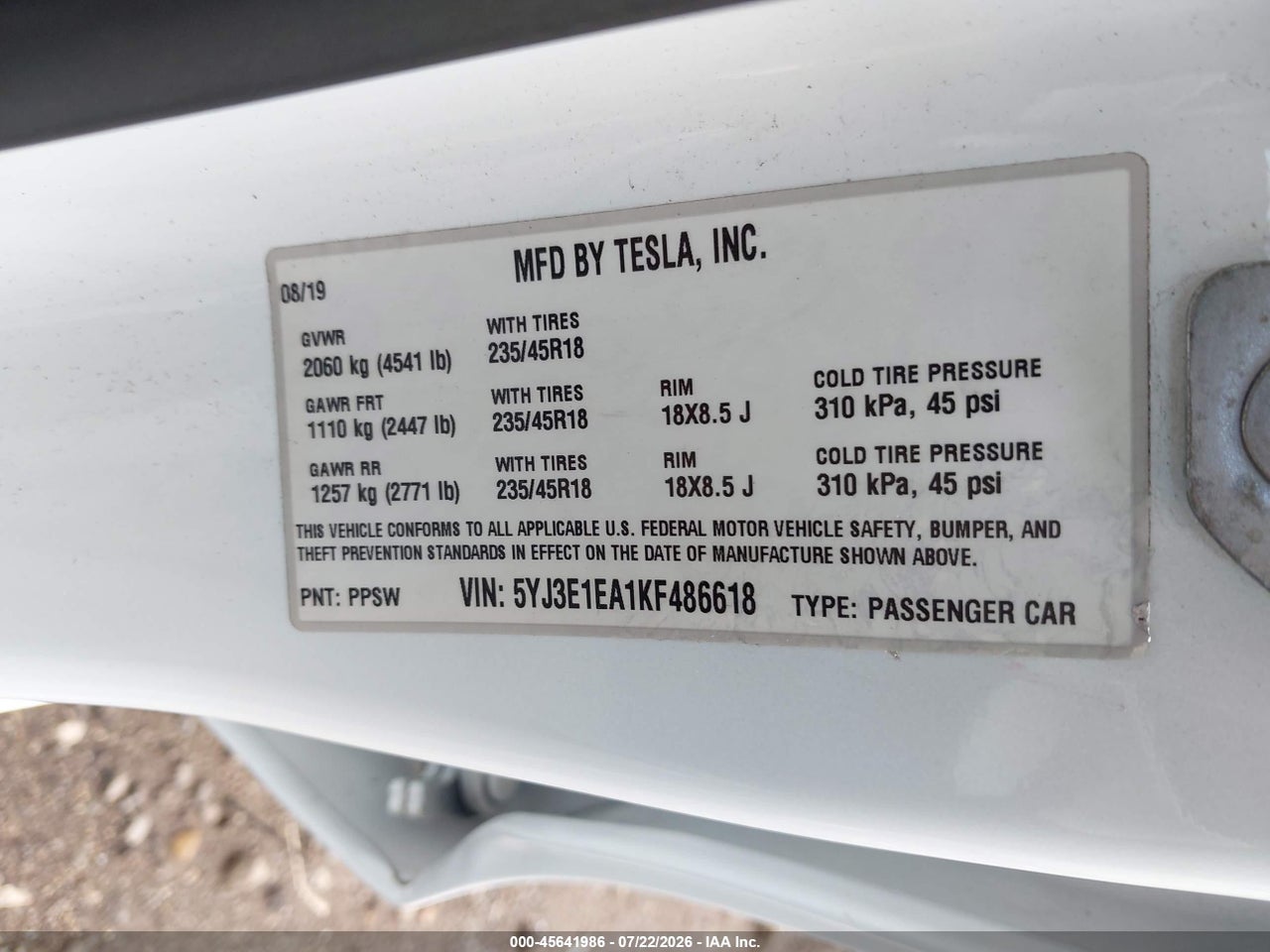 5YJ3E1EA1KF****** · 2019 TESLA MODEL 3 LONG RANGE/MID RANGE/STANDARD RANGE/STANDARD RANGE PLUS · 9/10
