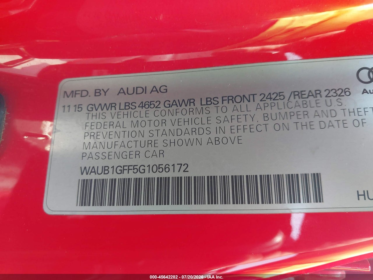 WAUB1GFF5G1****** · 2016 AUDI S3 PREMIUM PLUS · 9/11