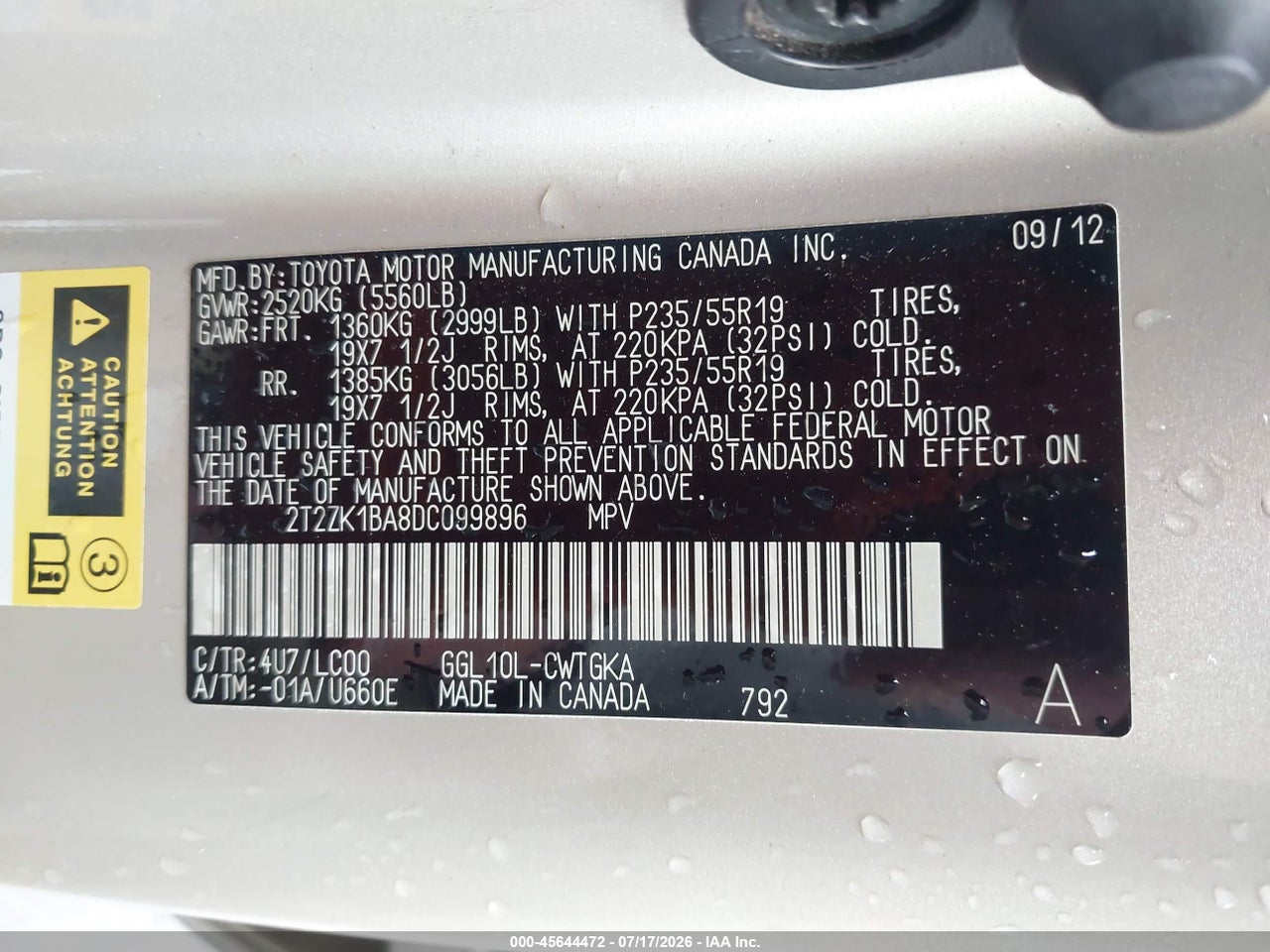 2T2ZK1BA8DC****** · 2013 LEXUS RX 350 · 9/11