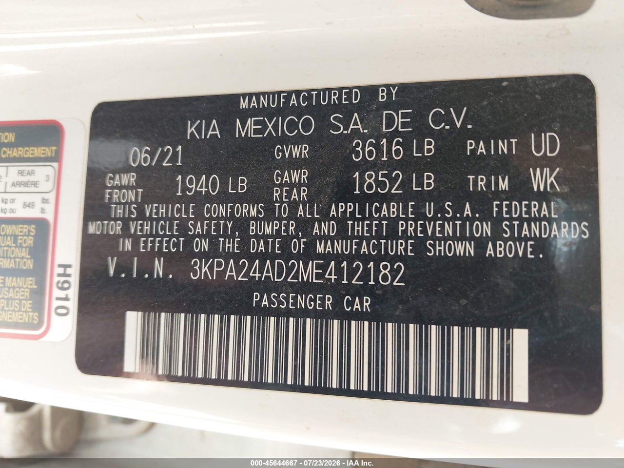 3KPA24AD2ME****** · 2021 KIA RIO LX · 9/11