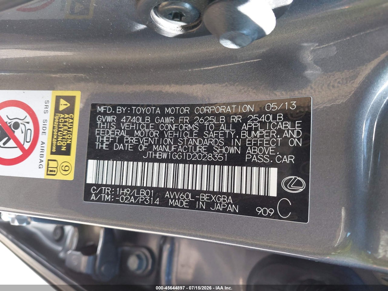 JTHBW1GG1D2****** · 2013 LEXUS ES 300H · 9/11