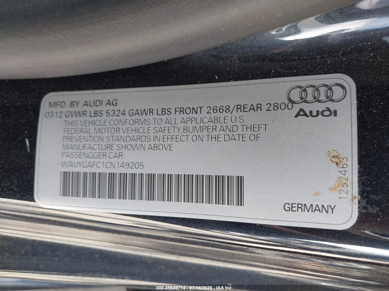 WAUYGAFC1CN****** · 2012 AUDI A7 3.0 PREMIUM PLUS · 9/11