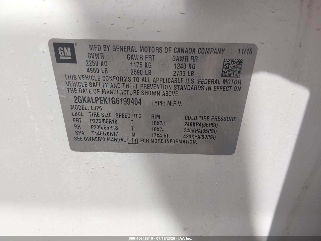 2GKALPEK1G6****** · 2016 GMC TERRAIN SLT · 9/11