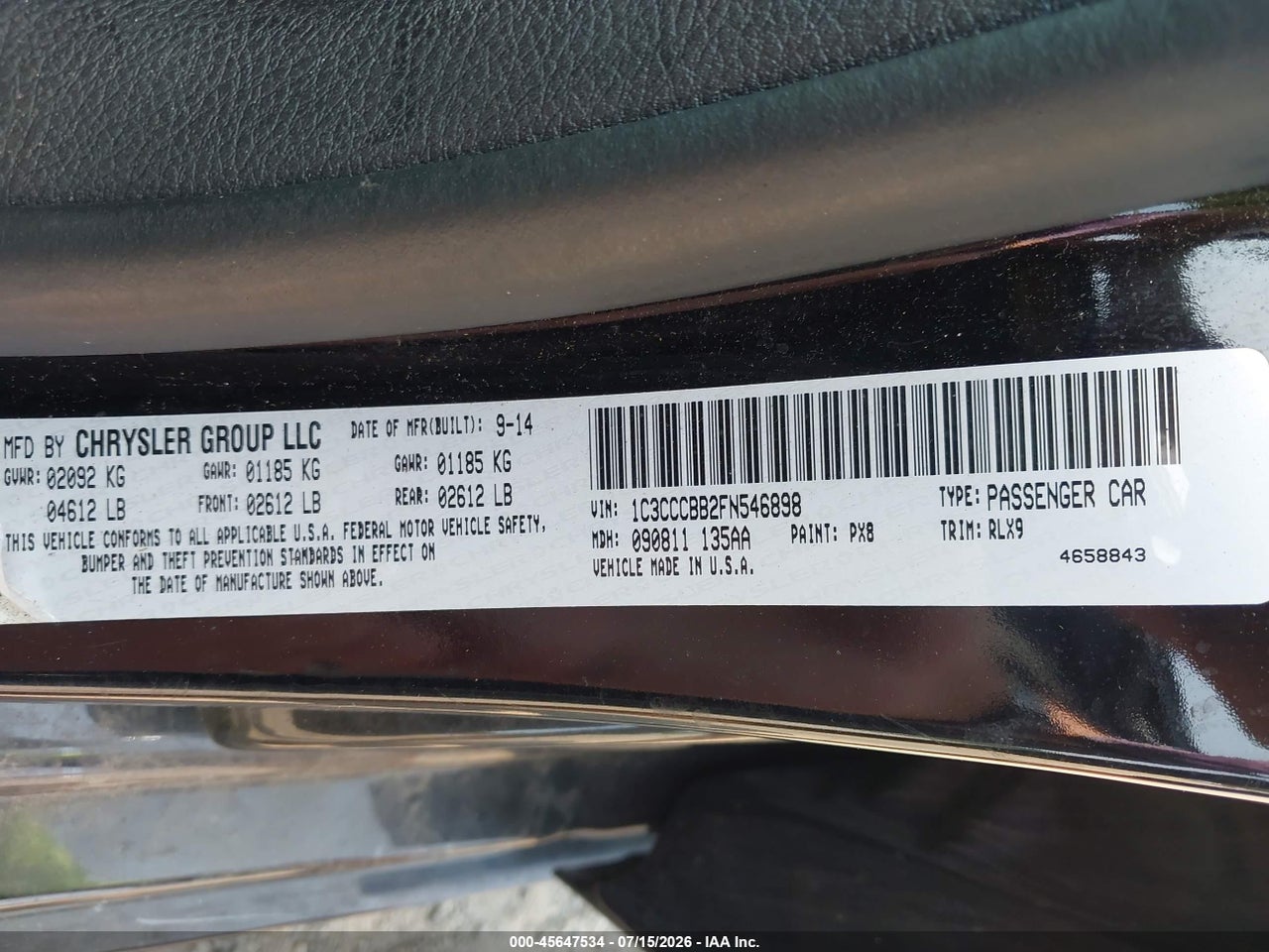 1C3CCCBB2FN****** · 2015 CHRYSLER 200 S · 9/11
