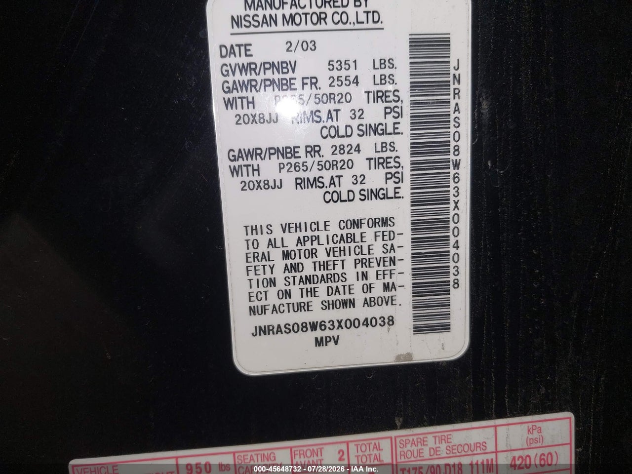 JNRAS08W63X****** · 2003 INFINITI FX35   · 9/11