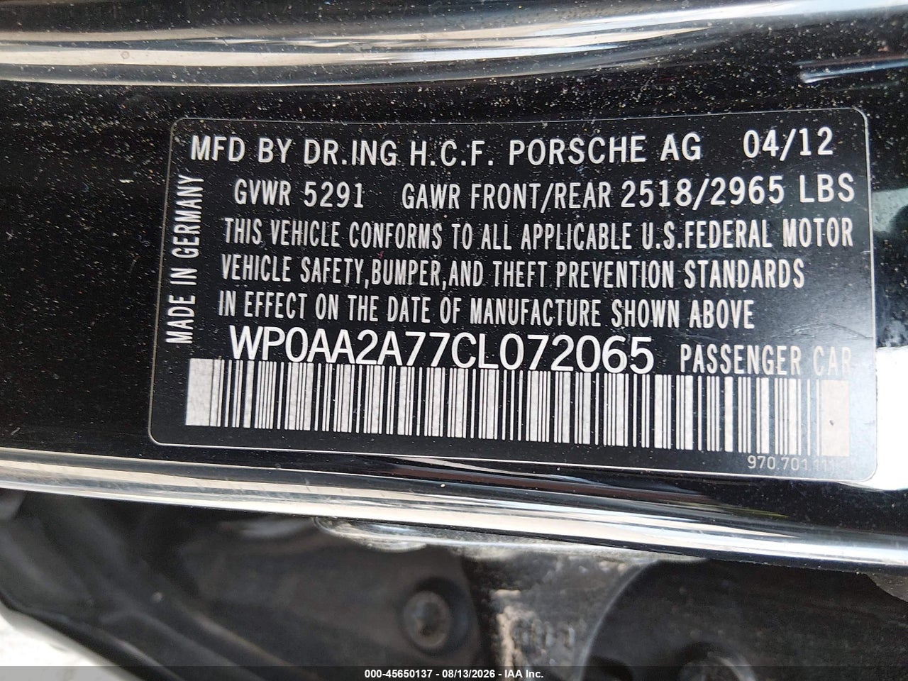 WP0AA2A77CL****** · 2012 PORSCHE PANAMERA 4 · 9/11