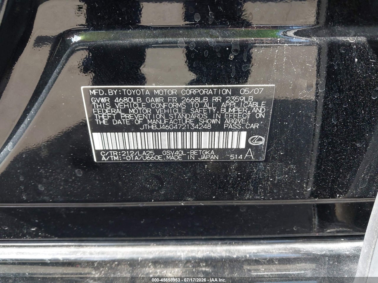 JTHBJ46G472****** · 2007 LEXUS ES 350   · 9/11