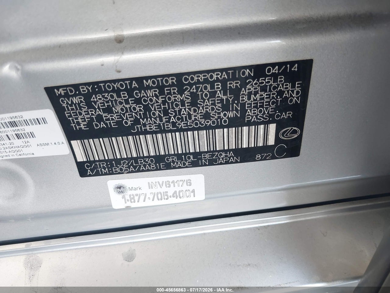 JTHBE1BL9E5****** · 2014 LEXUS GS 350 · 9/11