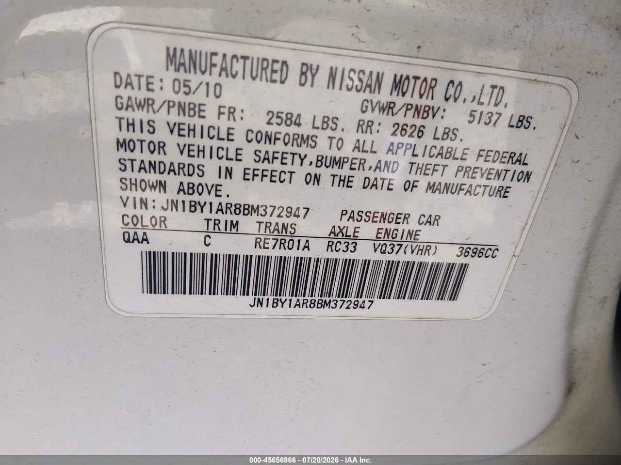 JN1BY1AR8BM****** · 2011 INFINITI M37X   · 9/10