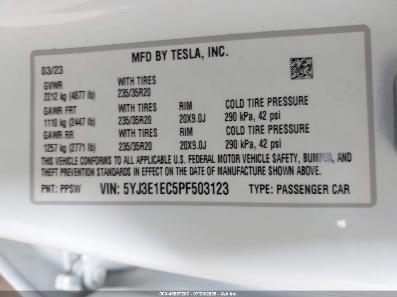 5YJ3E1EC5PF****** · 2023 TESLA MODEL 3 PERFORMANCE DUAL MOTOR ALL-WHEEL DRIVE · 9/11