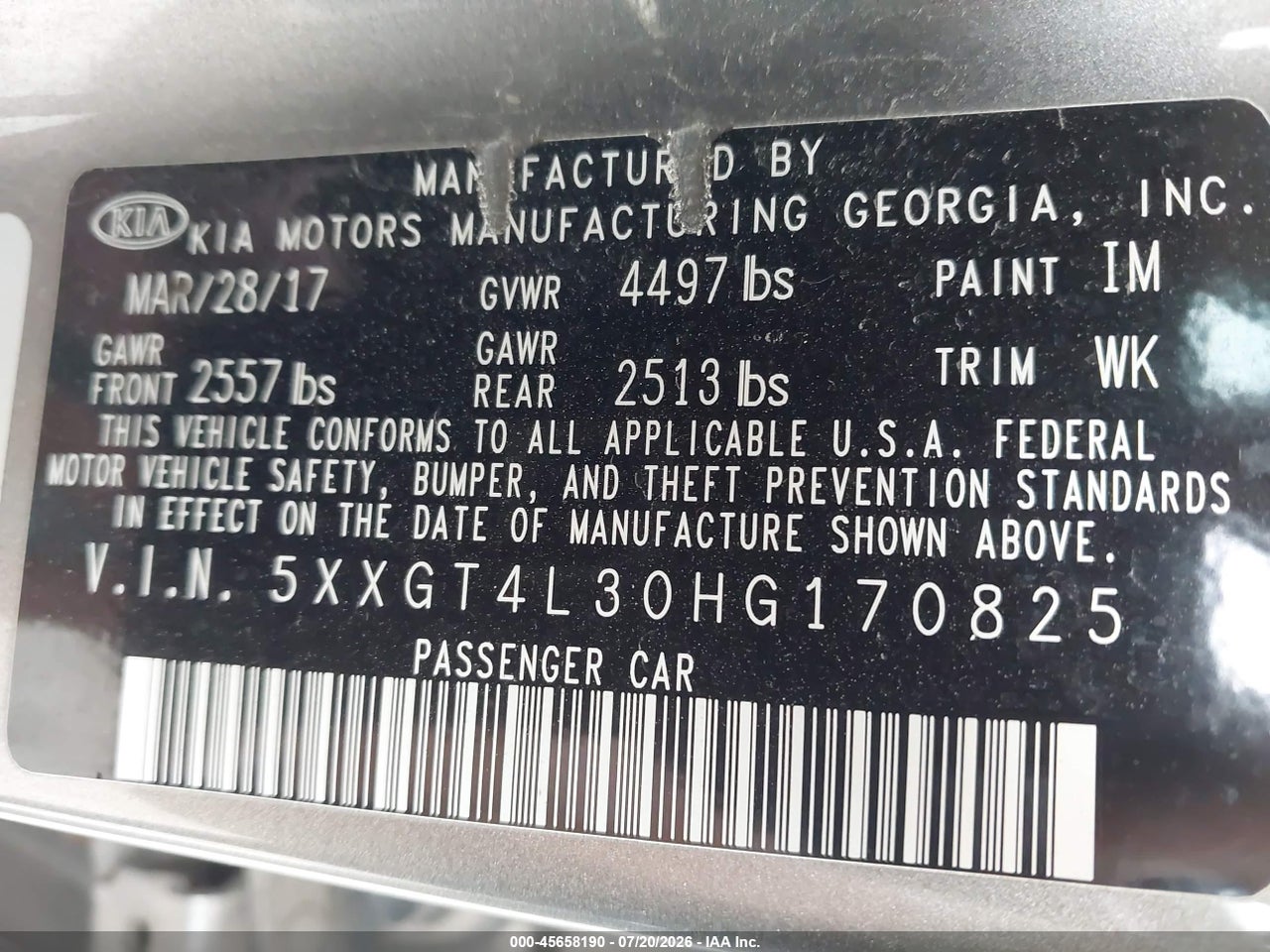 5XXGT4L30HG****** · 2017 KIA OPTIMA LX · 9/11