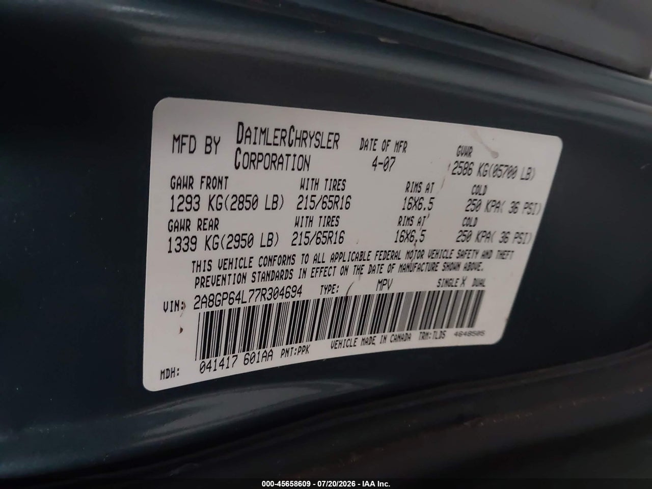 2007 CHRYSLER TOWN &amp; COUNTRY LIMITED · 9/11