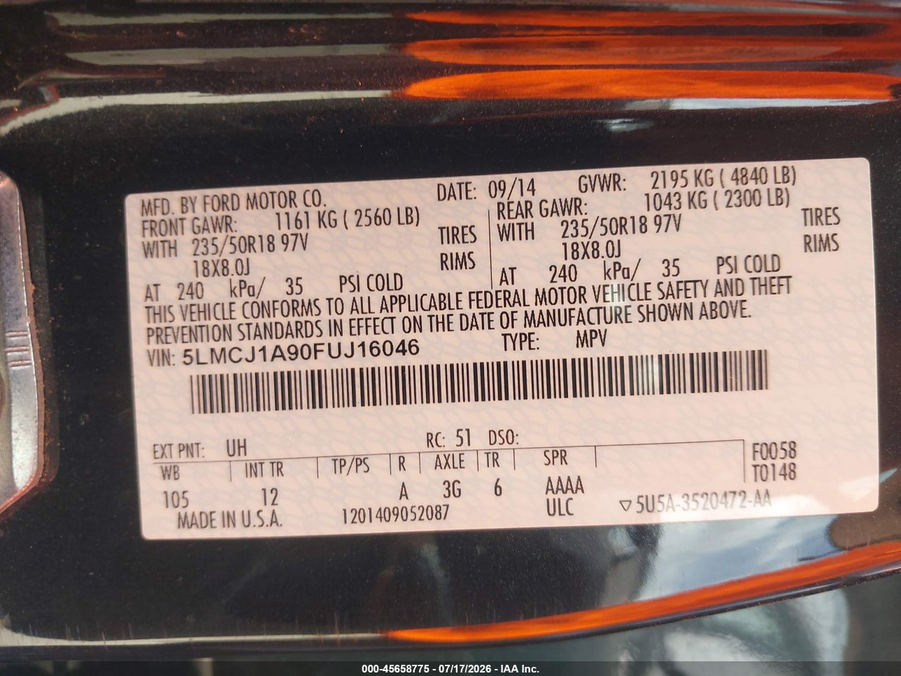 5LMCJ1A90FU****** · 2015 LINCOLN MKC · 9/11
