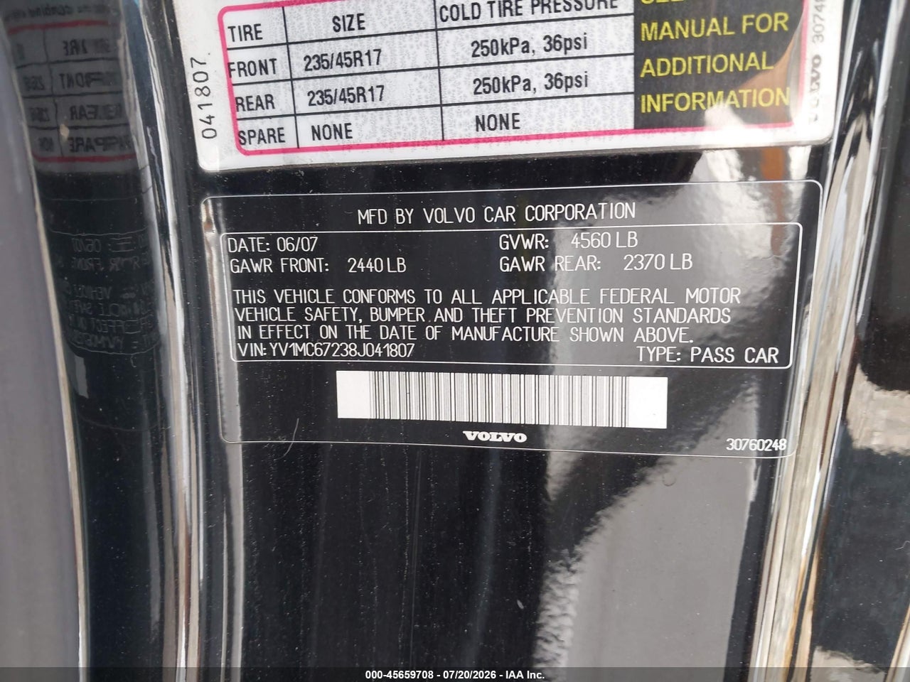 YV1MC67238J****** · 2008 VOLVO C70 T5 M · 9/11