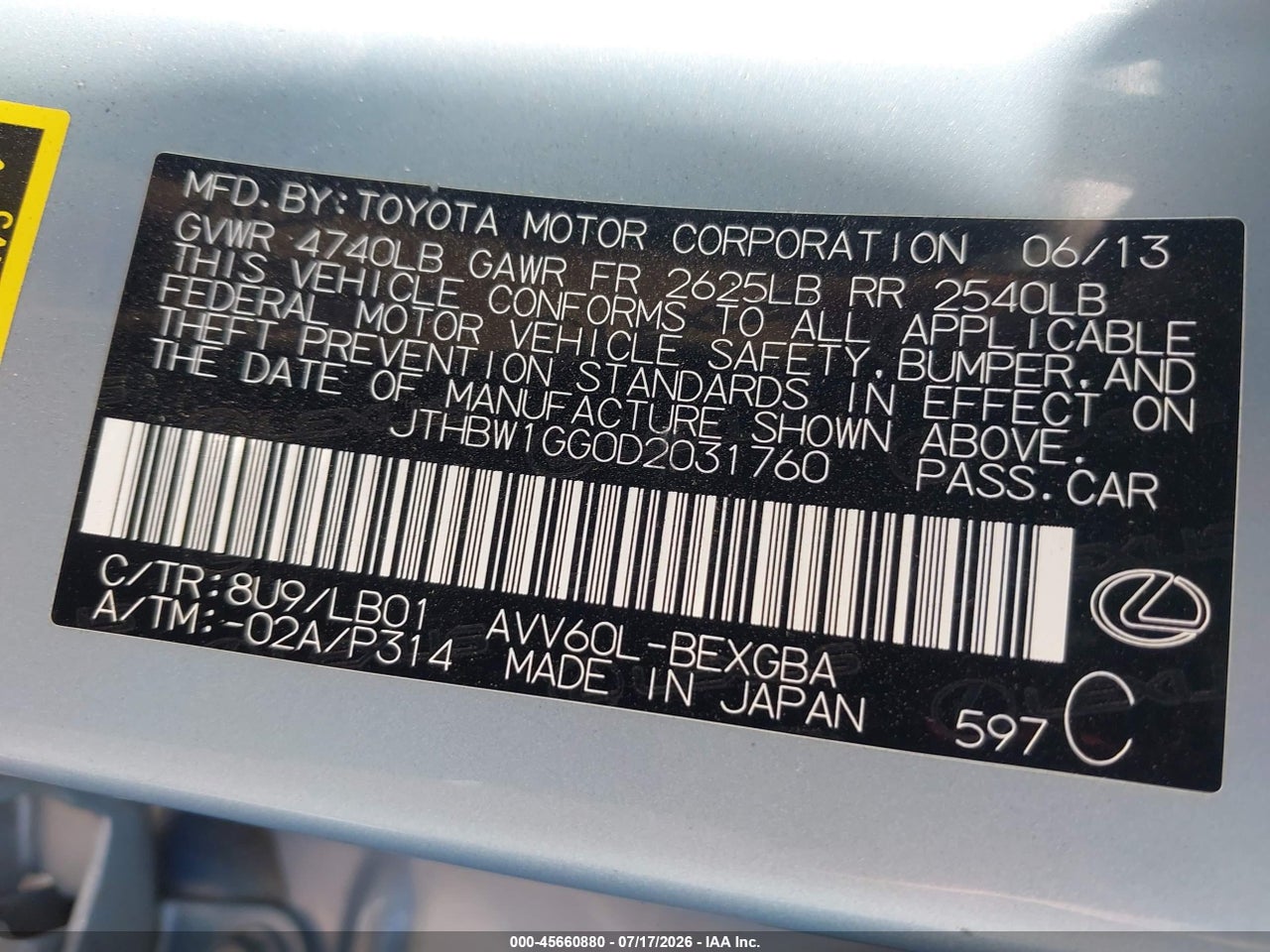 JTHBW1GG0D2****** · 2013 LEXUS ES 300H · 9/11
