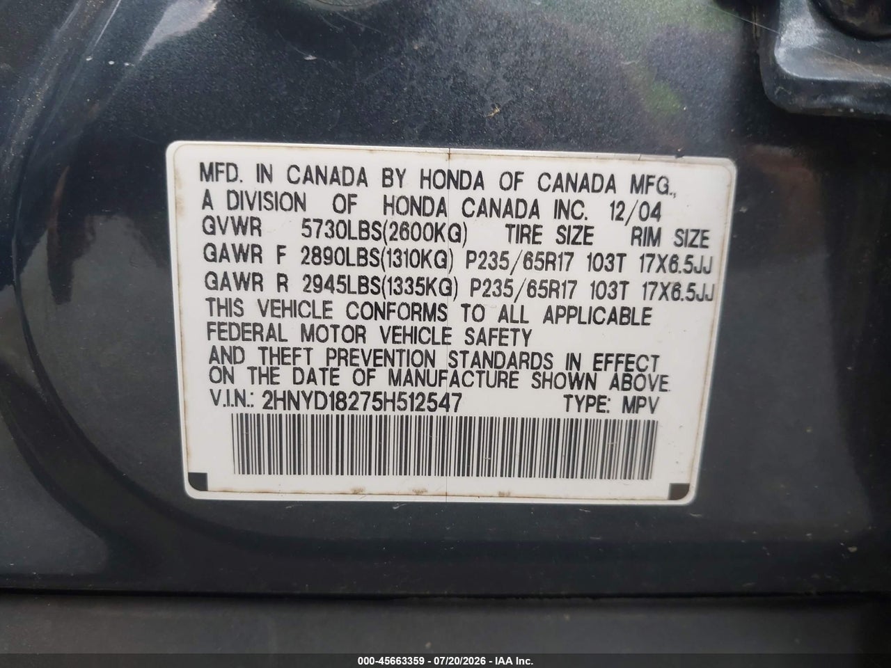 2HNYD18275H****** · 2005 ACURA MDX   · 9/11