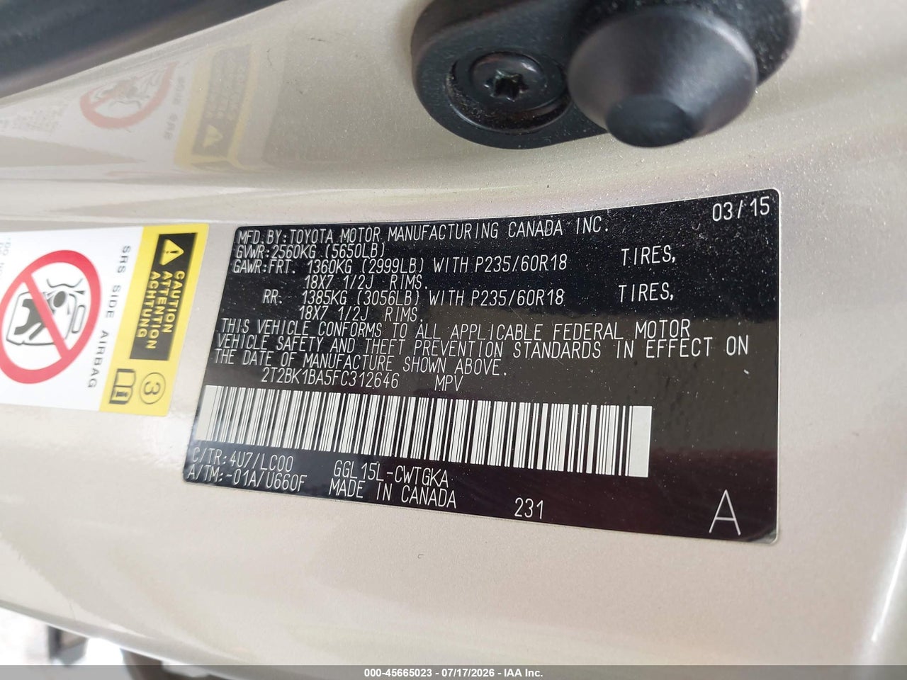 2T2BK1BA5FC****** · 2015 LEXUS RX 350 · 9/11