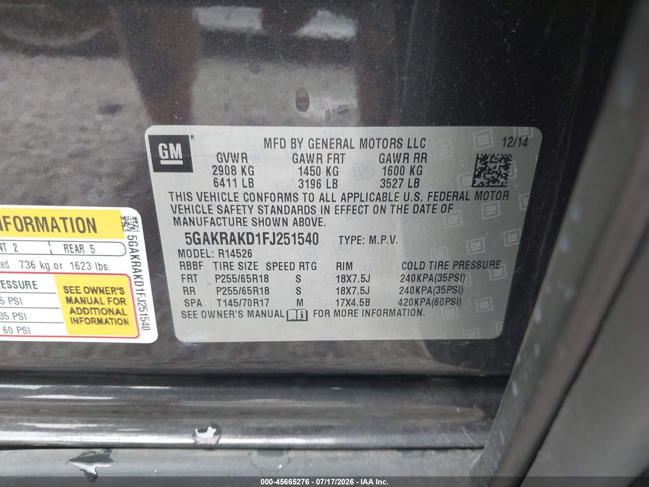 5GAKRAKD1FJ****** · 2015 BUICK ENCLAVE CONVENIENCE · 9/11