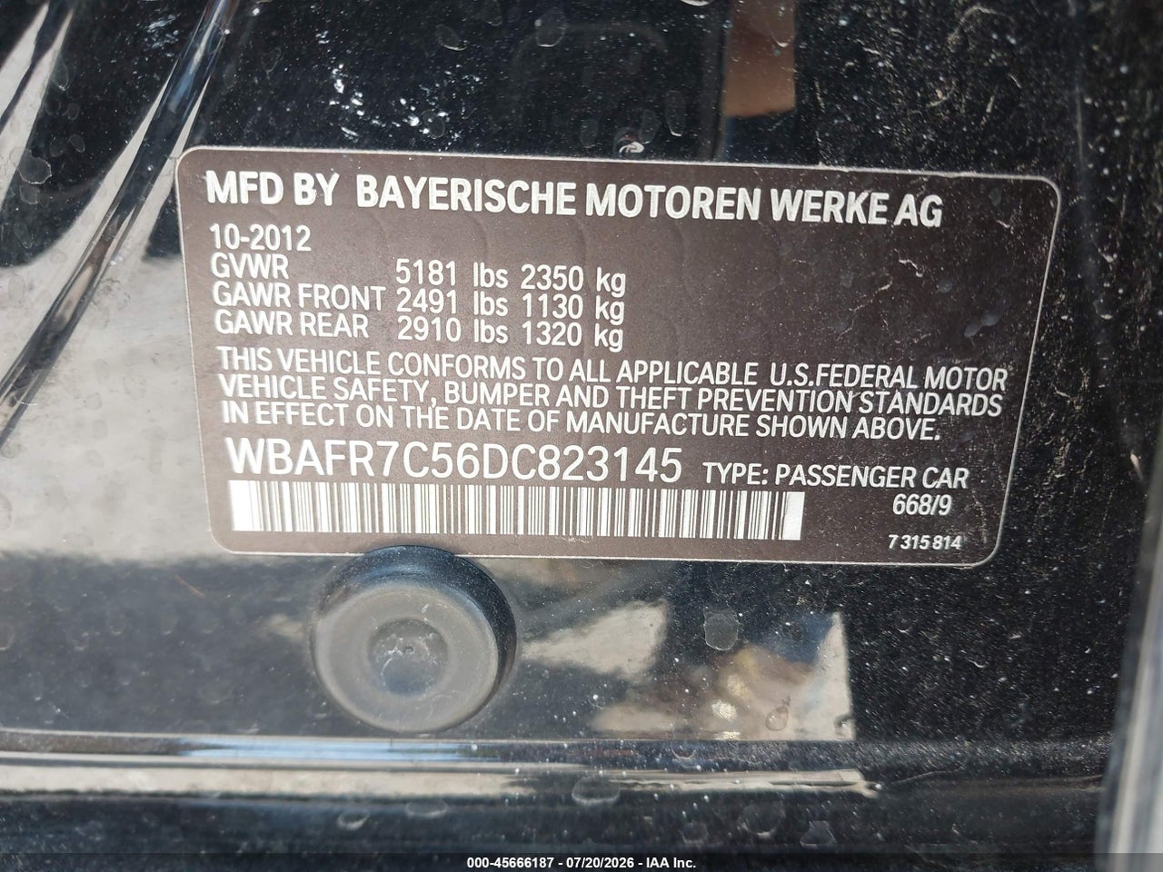 WBAFR7C56DC****** · 2013 BMW 535I   · 9/11