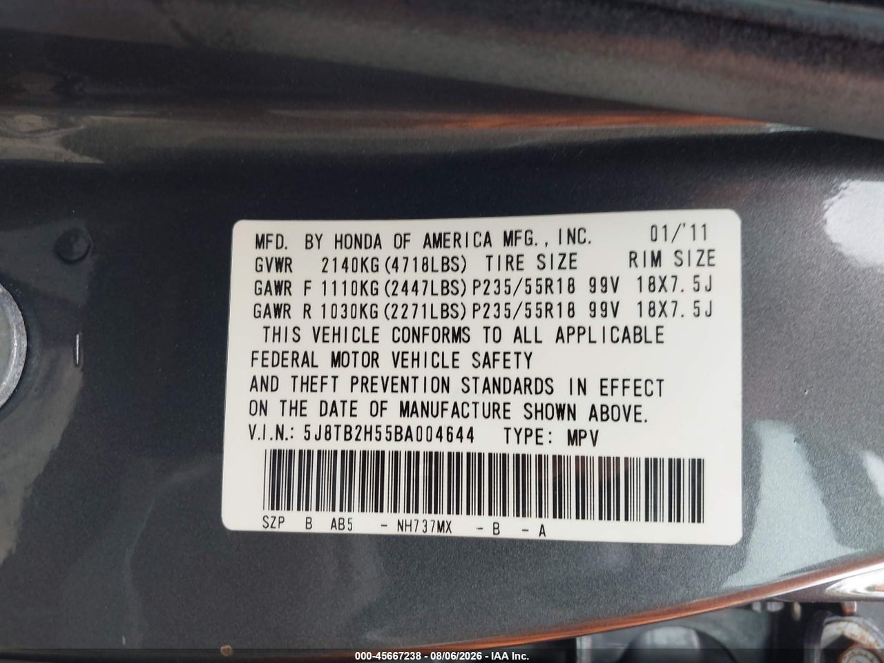 5J8TB2H55BA****** · 2011 ACURA RDX   · 9/11