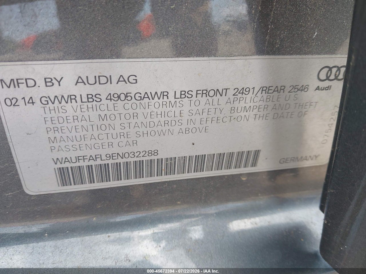 WAUFFAFL9EN****** · 2014 AUDI A4 2.0T PREMIUM · 9/11