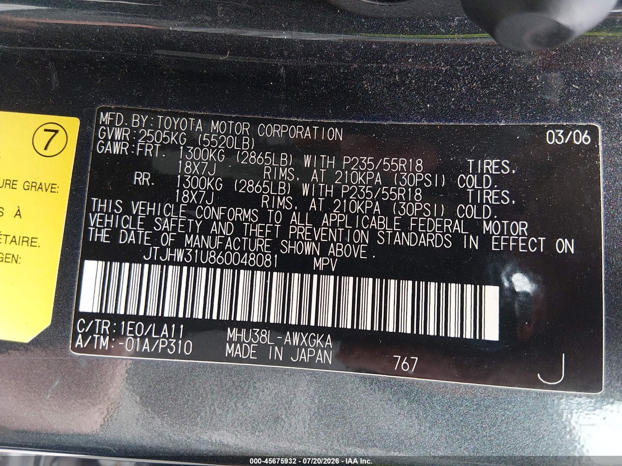 JTJHW31U860****** · 2006 LEXUS RX 400H   · 9/11