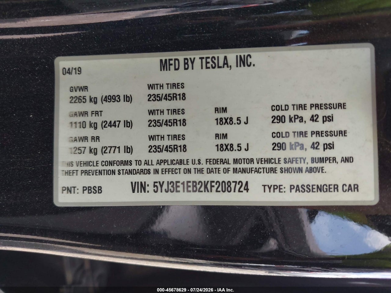 5YJ3E1EB2KF****** · 2019 TESLA MODEL 3 LONG RANGE/PERFORMANCE · 9/9
