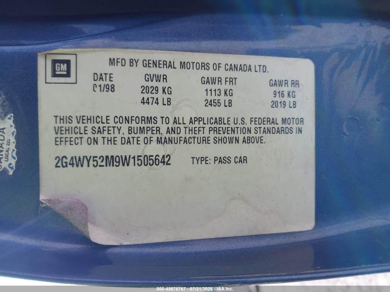 2G4WY52M9W1****** · 1998 BUICK CENTURY LIMITED · 9/11