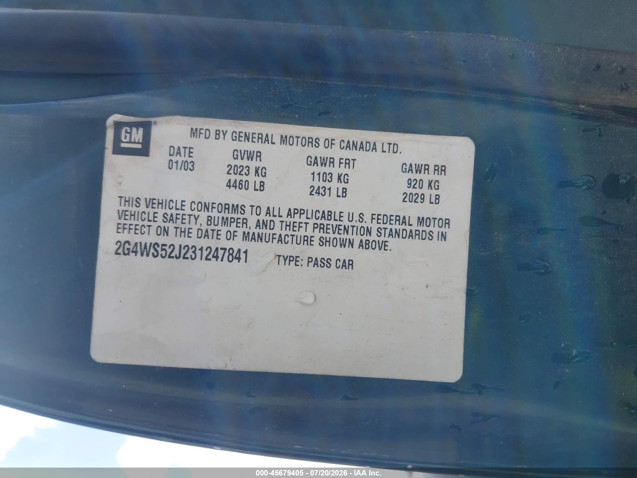 2G4WS52J231****** · 2003 BUICK CENTURY CUSTOM · 9/11
