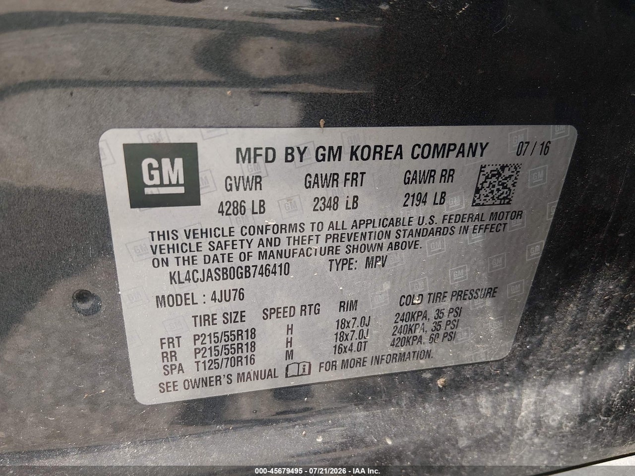 KL4CJASB0GB****** · 2016 BUICK ENCORE   · 9/11