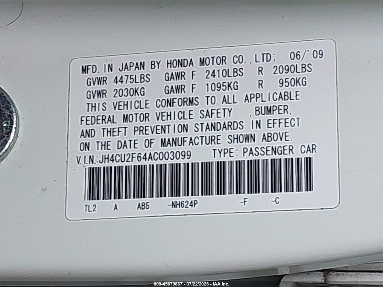 JH4CU2F64AC****** · 2010 ACURA TSX 2.4 · 9/11