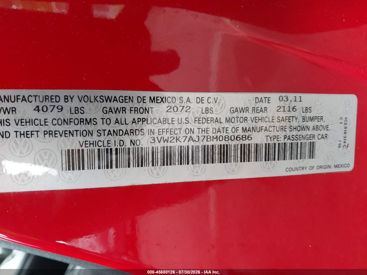 3VW2K7AJ7BM****** · 2011 VOLKSWAGEN JETTA 2.0L S · 9/11