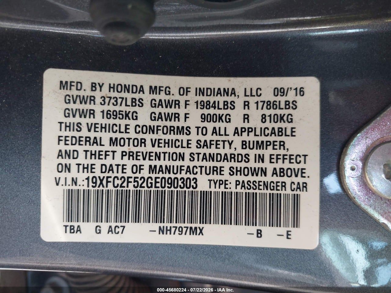 19XFC2F52GE****** · 2016 HONDA CIVIC LX · 9/11