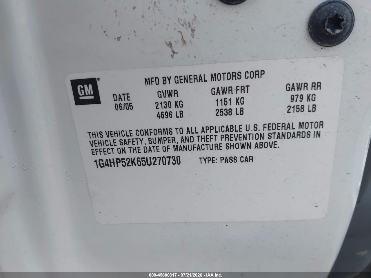 1G4HP52K65U****** · 2005 BUICK LESABRE CUSTOM · 9/11