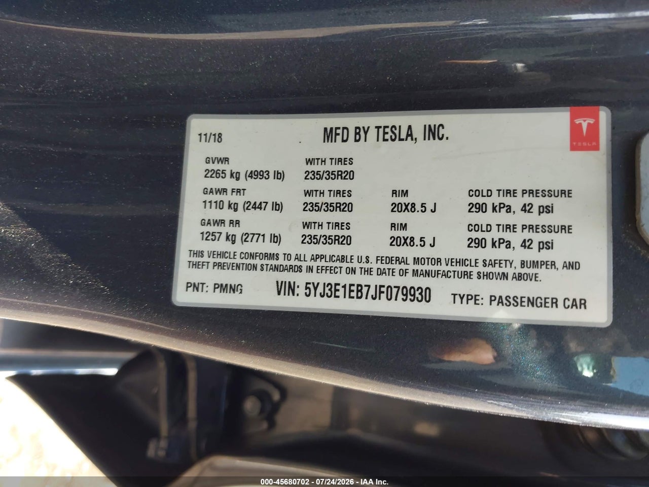 5YJ3E1EB7JF****** · 2018 TESLA MODEL 3 LONG RANGE/PERFORMANCE · 9/11