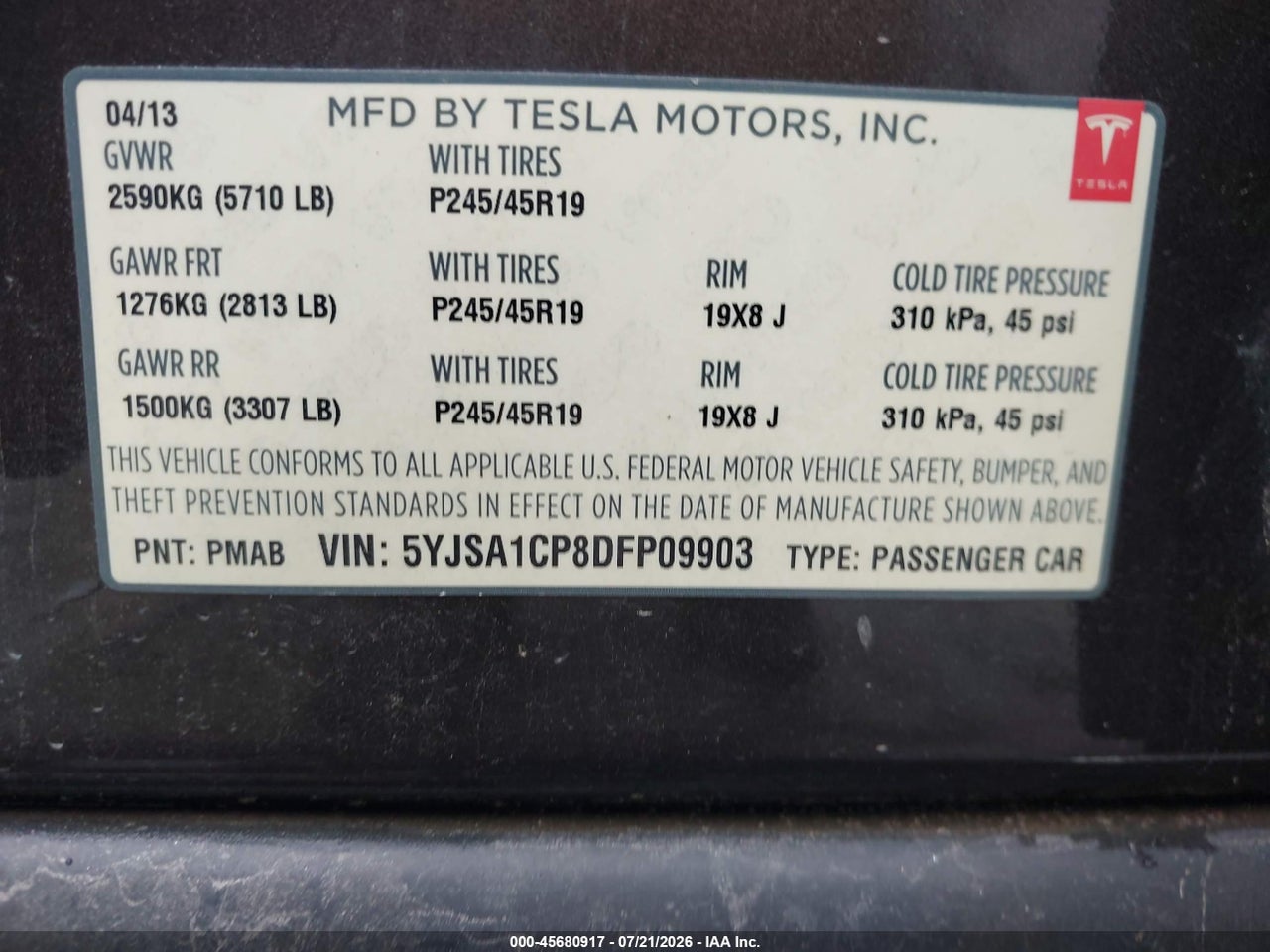 5YJSA1CP8DF****** · 2013 TESLA MODEL S PERFORMANCE · 9/11