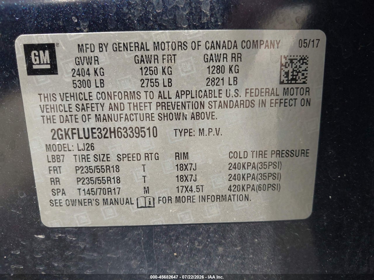 2GKFLUE32H6****** · 2017 GMC TERRAIN SLT · 9/11