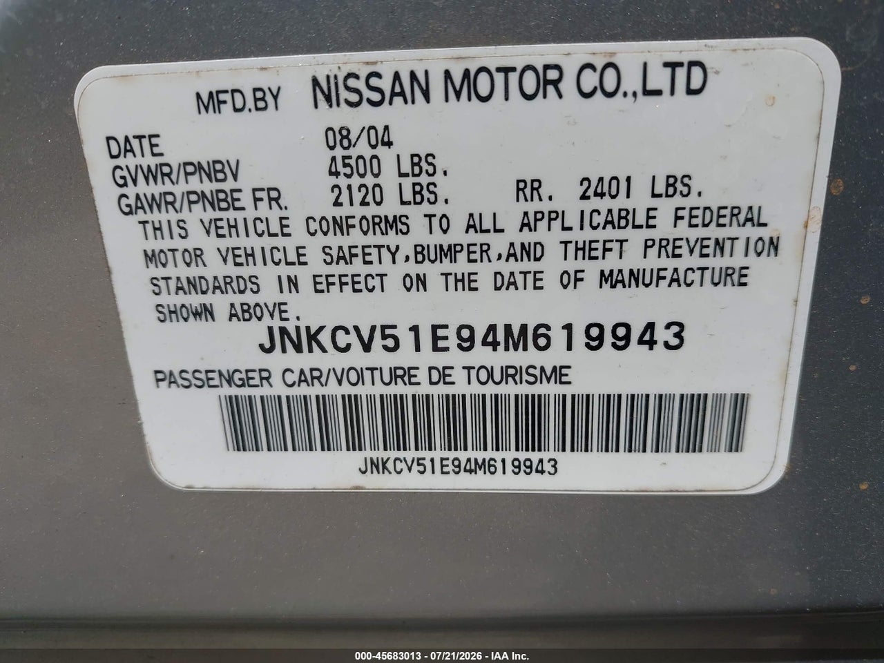 JNKCV51E94M****** · 2004 INFINITI G35   · 9/11
