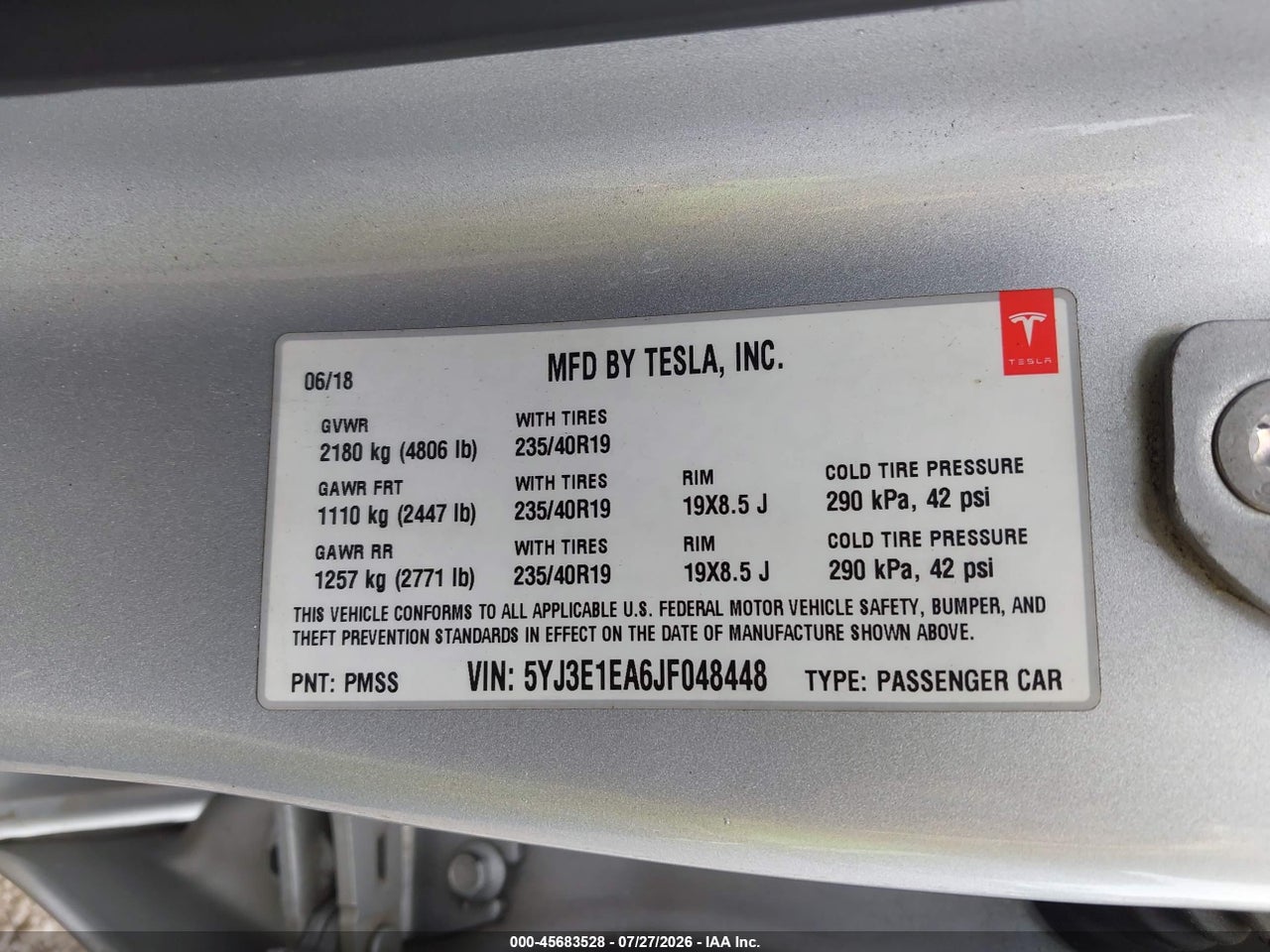 5YJ3E1EA6JF****** · 2018 TESLA MODEL 3 LONG RANGE/MID RANGE · 9/11