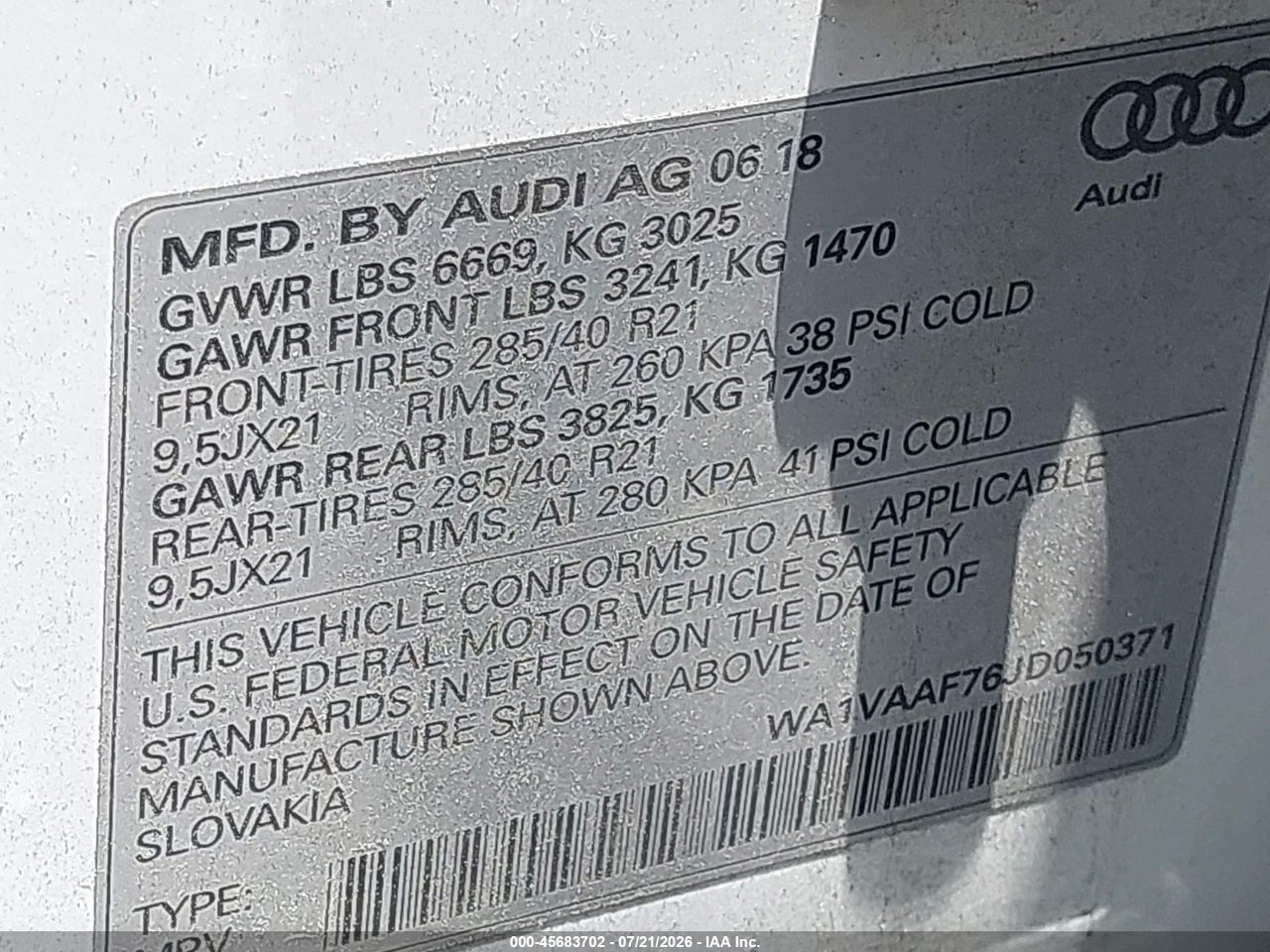 WA1VAAF76JD****** · 2018 AUDI Q7 3.0T PREMIUM · 9/11