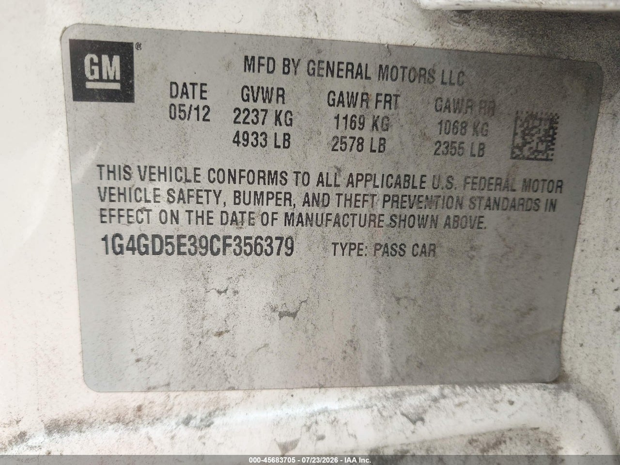 1G4GD5E39CF****** · 2012 BUICK LACROSSE PREMIUM 1 GROUP · 9/11
