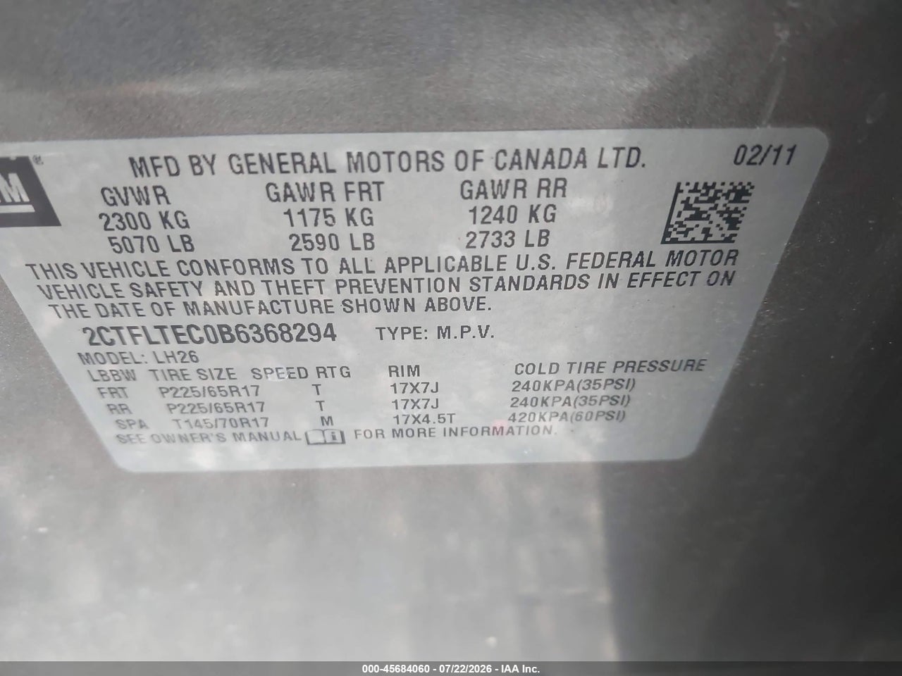 2CTFLTEC0B6****** · 2011 GMC TERRAIN SLE-2 · 9/11